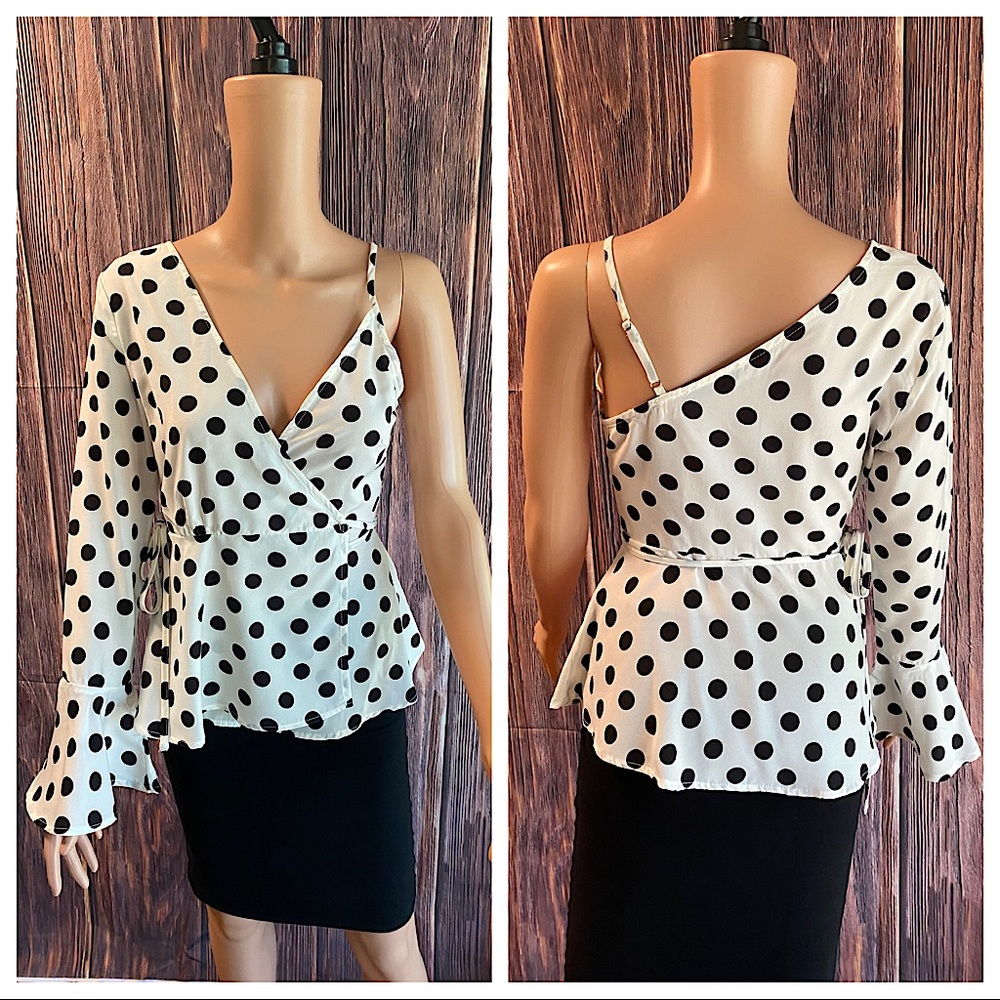 Shein size XS black white polka dot asymmetrical blouse statement sleeve